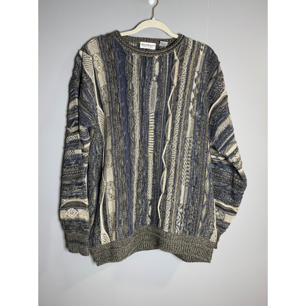 Norm‎ Thompson Mens Sweater L Cable Knit Striped Textured Crew Neck Pullover